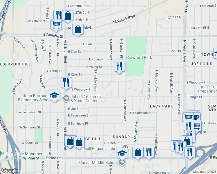 map of restaurants, bars, coffee shops, grocery stores, and more near 608 East Woodrow Place in Tulsa