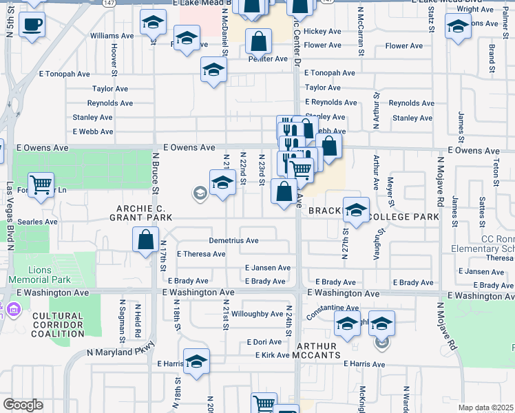 map of restaurants, bars, coffee shops, grocery stores, and more near 1313 North 23rd Street in Las Vegas