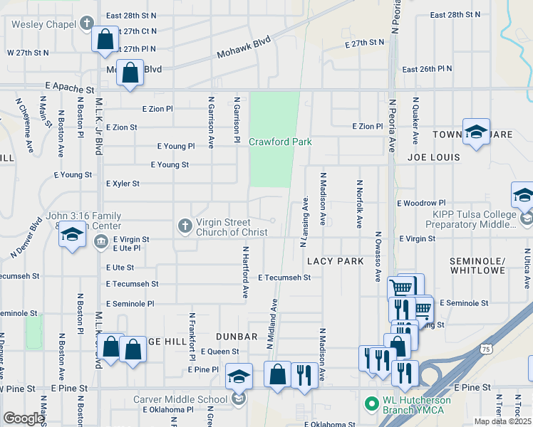 map of restaurants, bars, coffee shops, grocery stores, and more near 2115 North Hartford Avenue in Tulsa