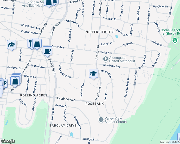 map of restaurants, bars, coffee shops, grocery stores, and more near 967 Dalebrook Lane in Nashville