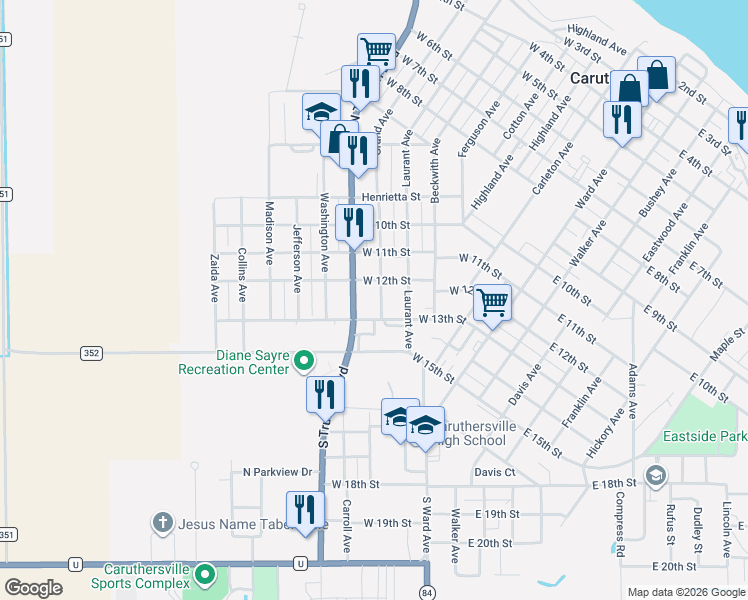 map of restaurants, bars, coffee shops, grocery stores, and more near 1201 Grand Avenue in Caruthersville