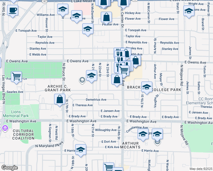 map of restaurants, bars, coffee shops, grocery stores, and more near 1313 North 23rd Street in Las Vegas