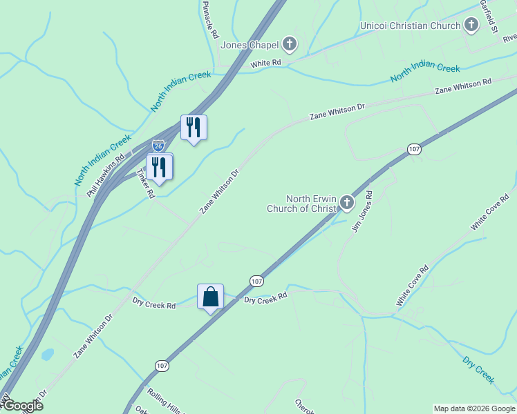 map of restaurants, bars, coffee shops, grocery stores, and more near 1130 Unicoi Drive in Unicoi
