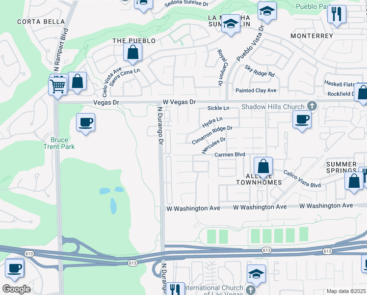 map of restaurants, bars, coffee shops, grocery stores, and more near 8309 Cimarron Ridge Drive in Las Vegas