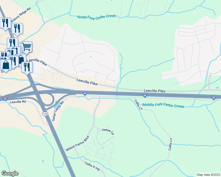 map of restaurants, bars, coffee shops, grocery stores, and more near 5790 Leeville Pike in Lebanon