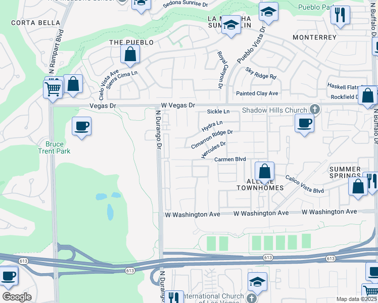 map of restaurants, bars, coffee shops, grocery stores, and more near 8269 Cimarron Ridge Drive in Las Vegas