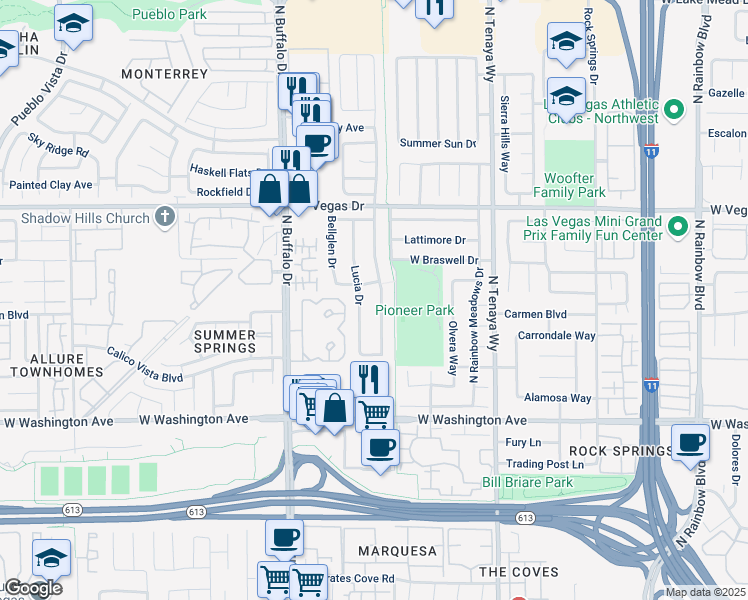 map of restaurants, bars, coffee shops, grocery stores, and more near 1317 Pacific Terrace Drive in Las Vegas