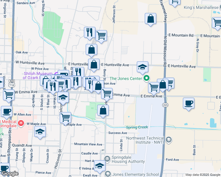 map of restaurants, bars, coffee shops, grocery stores, and more near 610 East Emma Avenue in Springdale