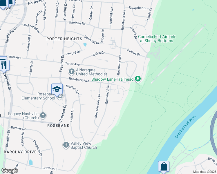 map of restaurants, bars, coffee shops, grocery stores, and more near 2818 Eastland Avenue in Nashville