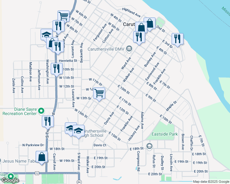 map of restaurants, bars, coffee shops, grocery stores, and more near 1011 Ward Avenue in Caruthersville