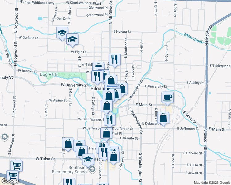 map of restaurants, bars, coffee shops, grocery stores, and more near 113 North Broadway Street in Siloam Springs