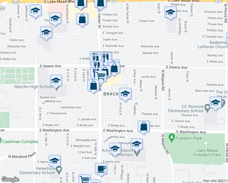 map of restaurants, bars, coffee shops, grocery stores, and more near 1416 North Eastern Avenue in Las Vegas