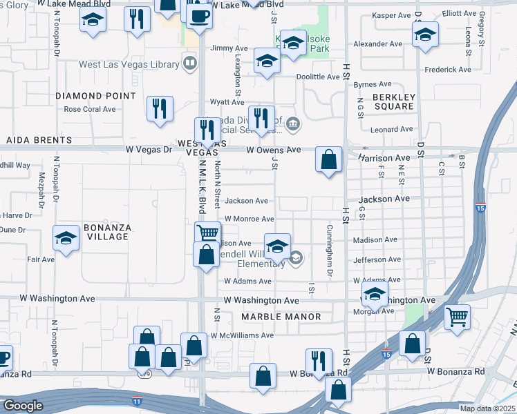 map of restaurants, bars, coffee shops, grocery stores, and more near 1300 Jackson Avenue in Las Vegas