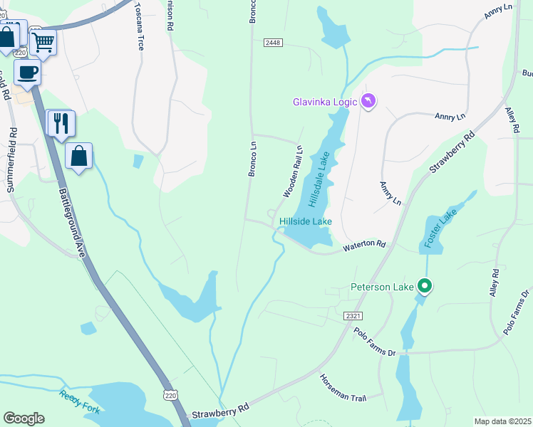 map of restaurants, bars, coffee shops, grocery stores, and more near 6901 Wooden Rail Lane in Summerfield