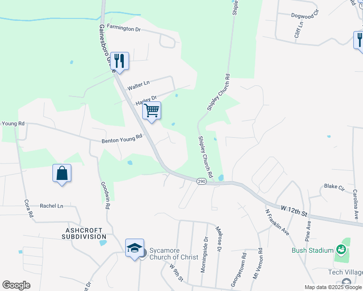 map of restaurants, bars, coffee shops, grocery stores, and more near 1505 Gentry Lane in Cookeville