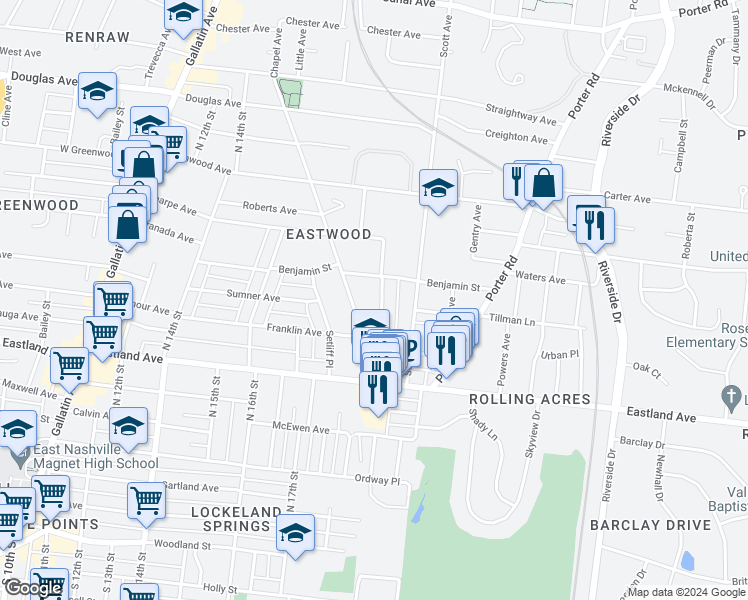 map of restaurants, bars, coffee shops, grocery stores, and more near 211 Manchester Avenue in Nashville
