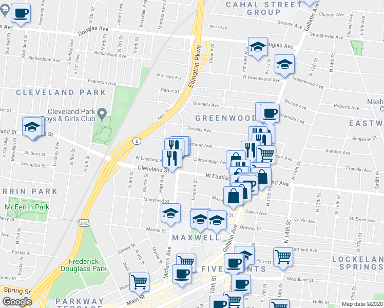 map of restaurants, bars, coffee shops, grocery stores, and more near 938 Seymour Avenue in Nashville