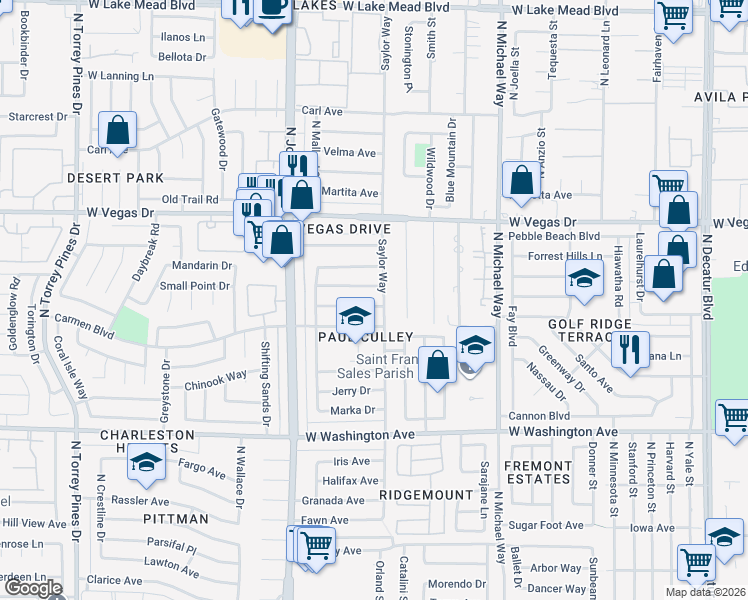 map of restaurants, bars, coffee shops, grocery stores, and more near 5804 Apple Valley Lane in Las Vegas