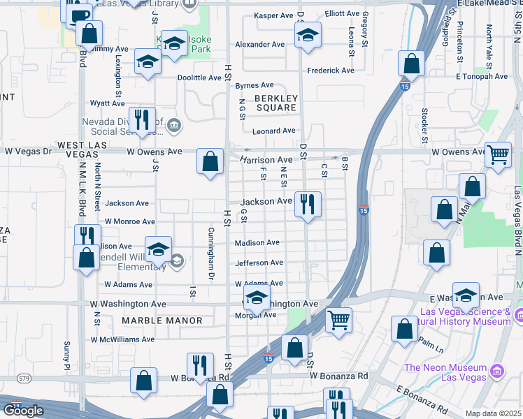 map of restaurants, bars, coffee shops, grocery stores, and more near 601 Jackson Avenue in Las Vegas