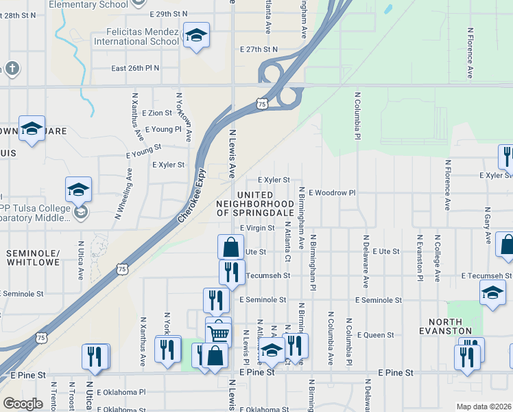 map of restaurants, bars, coffee shops, grocery stores, and more near in Tulsa