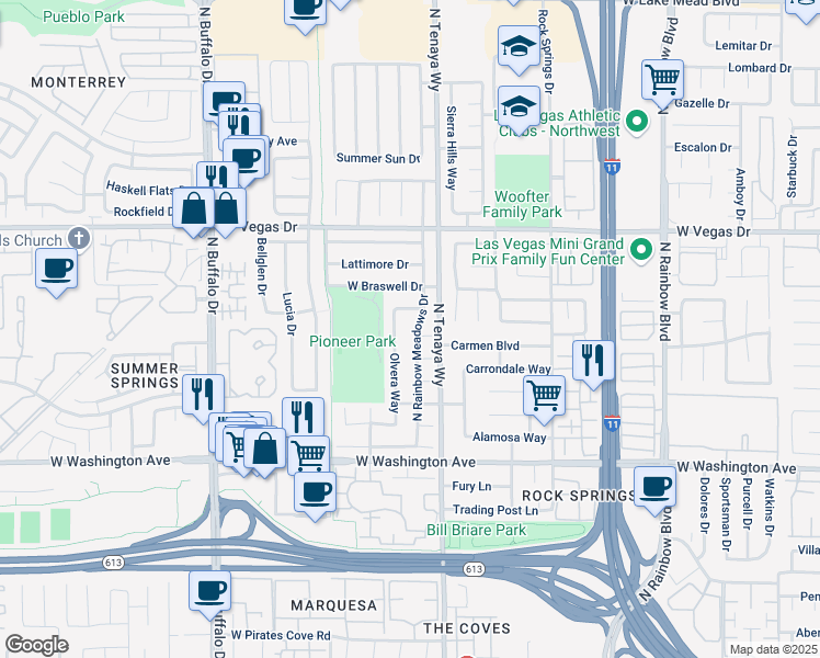 map of restaurants, bars, coffee shops, grocery stores, and more near 1305 North Rainbow Meadows Drive in Las Vegas
