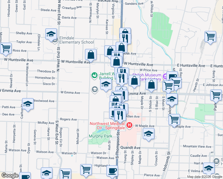 map of restaurants, bars, coffee shops, grocery stores, and more near 118 Virginia Street in Springdale