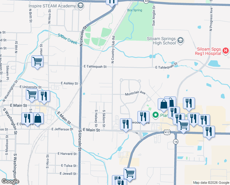 map of restaurants, bars, coffee shops, grocery stores, and more near 270 Maple Leaf Avenue in Siloam Springs