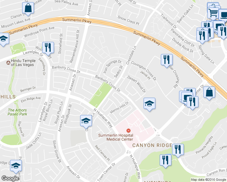 map of restaurants, bars, coffee shops, grocery stores, and more near 1121 Tourello Ln in Las Vegas