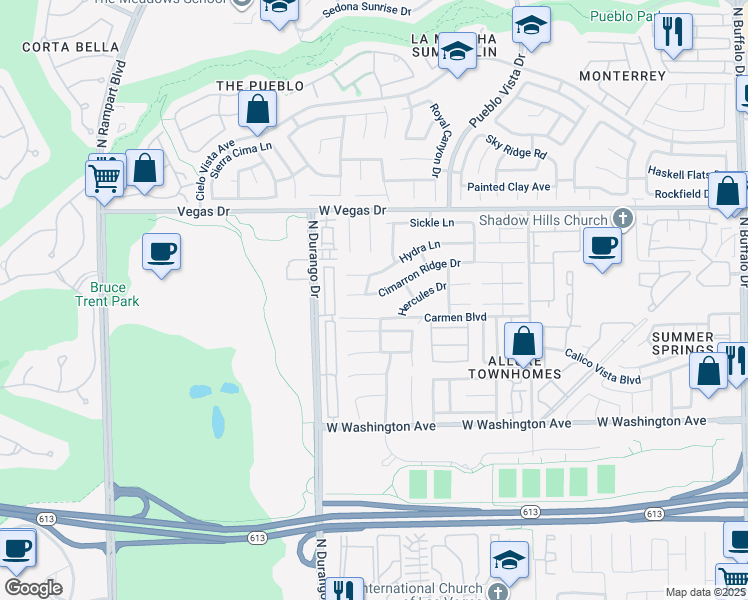 map of restaurants, bars, coffee shops, grocery stores, and more near 8269 Cimarron Ridge Drive in Las Vegas