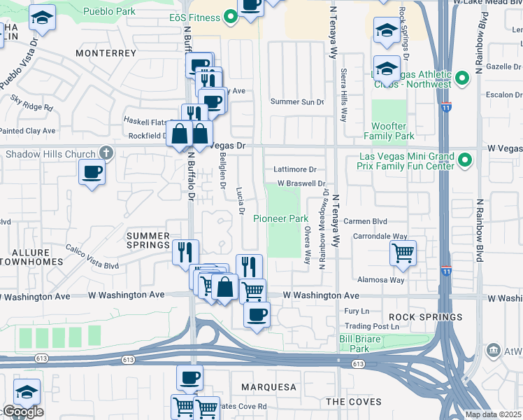 map of restaurants, bars, coffee shops, grocery stores, and more near 1336 Pacific Terrace Drive in Las Vegas