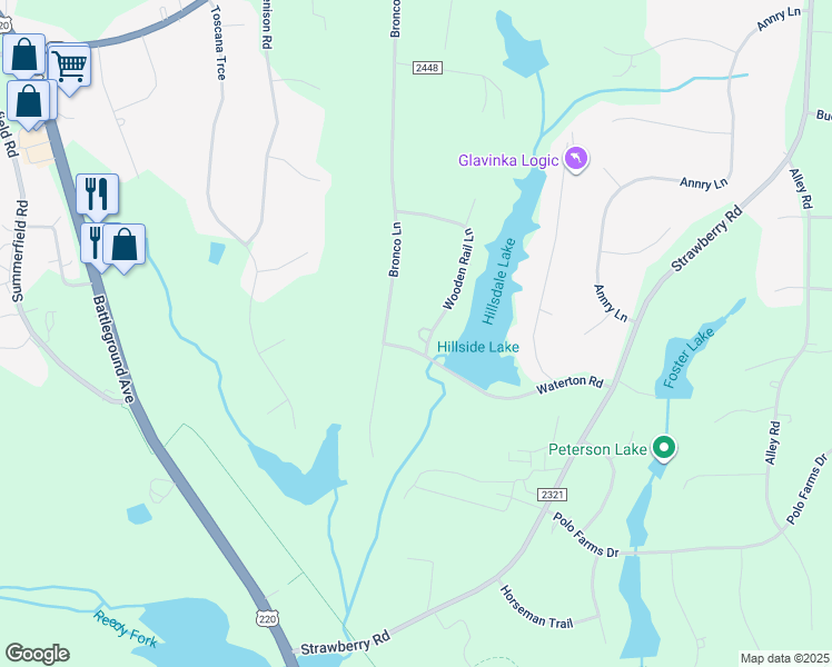map of restaurants, bars, coffee shops, grocery stores, and more near 6901 Wooden Rail Lane in Summerfield
