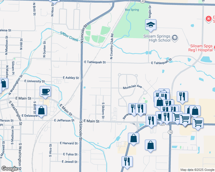map of restaurants, bars, coffee shops, grocery stores, and more near 1752 Park Drive in Siloam Springs