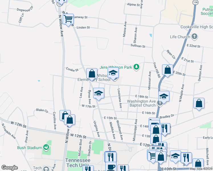 map of restaurants, bars, coffee shops, grocery stores, and more near 155 East Jere Whitson Road in Cookeville