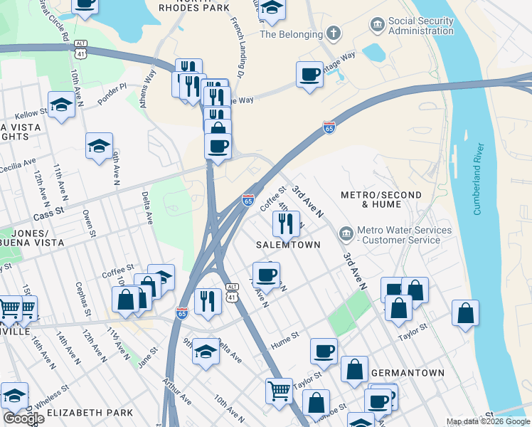 map of restaurants, bars, coffee shops, grocery stores, and more near 1831 4th Avenue North in Nashville