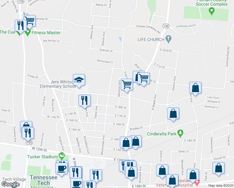 map of restaurants, bars, coffee shops, grocery stores, and more near 330 East Jere Whitson Road in Cookeville