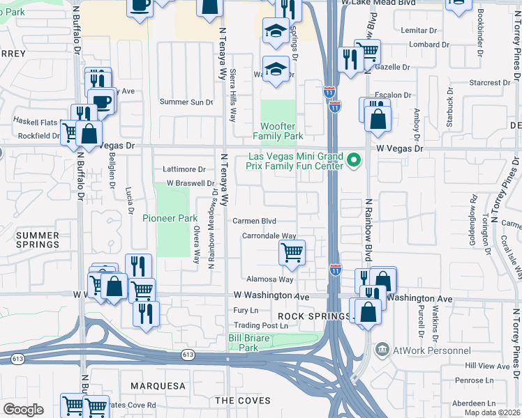 map of restaurants, bars, coffee shops, grocery stores, and more near 1317 Bittersweet Circle in Las Vegas