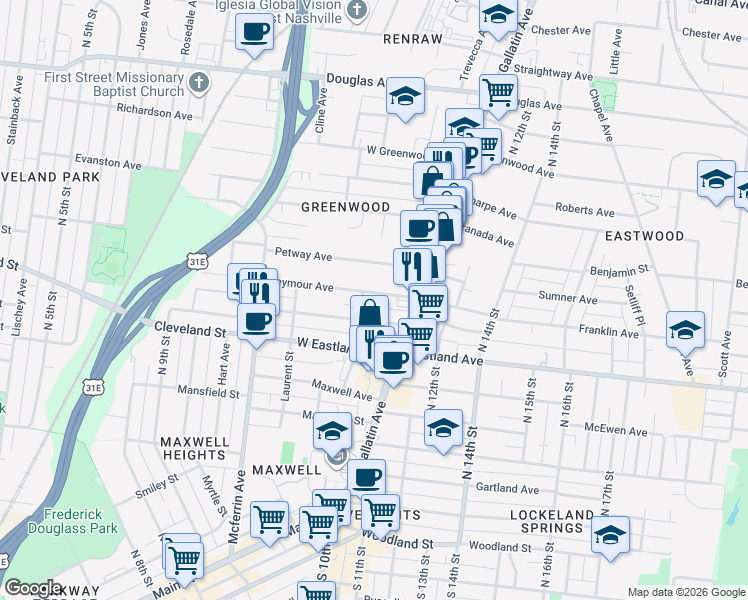 map of restaurants, bars, coffee shops, grocery stores, and more near 1035 Seymour Avenue in Nashville