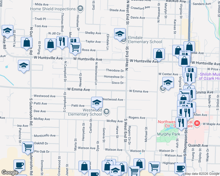 map of restaurants, bars, coffee shops, grocery stores, and more near 1705 Sisco Drive in Springdale