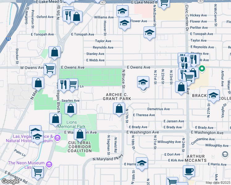 map of restaurants, bars, coffee shops, grocery stores, and more near 1600 A Foremaster Lane in Las Vegas