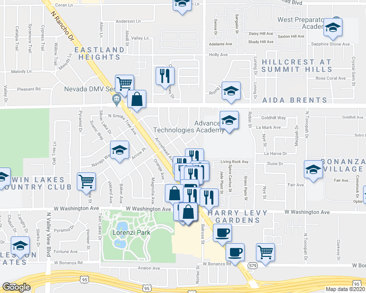 map of restaurants, bars, coffee shops, grocery stores, and more near 1201 Cherokee Lane in Las Vegas