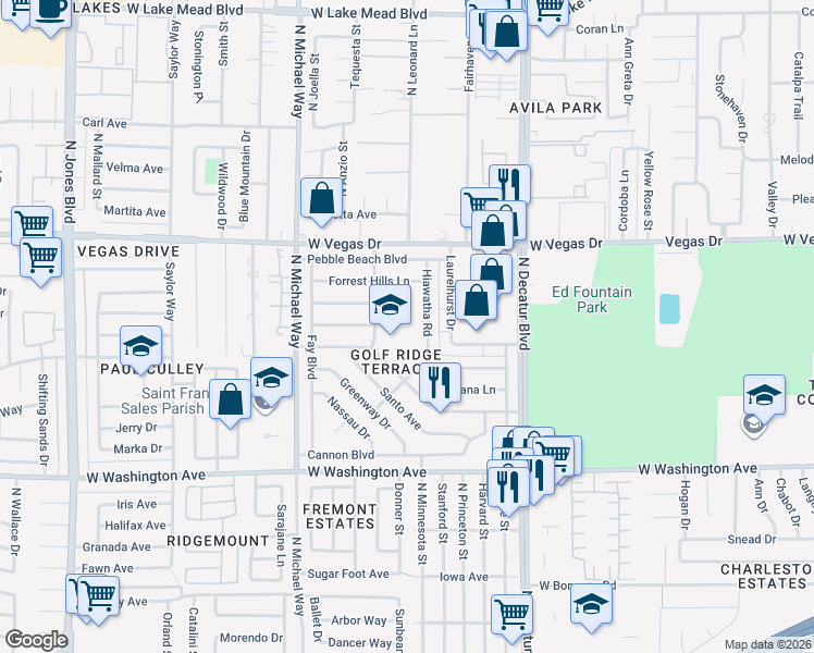 map of restaurants, bars, coffee shops, grocery stores, and more near 1315 Hiawatha Road in Las Vegas
