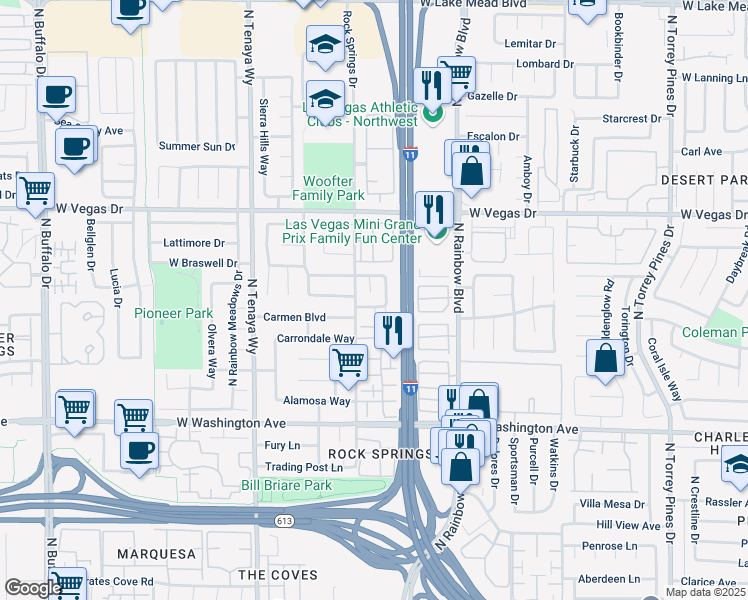 map of restaurants, bars, coffee shops, grocery stores, and more near 1312 Sunblossom Street in Las Vegas