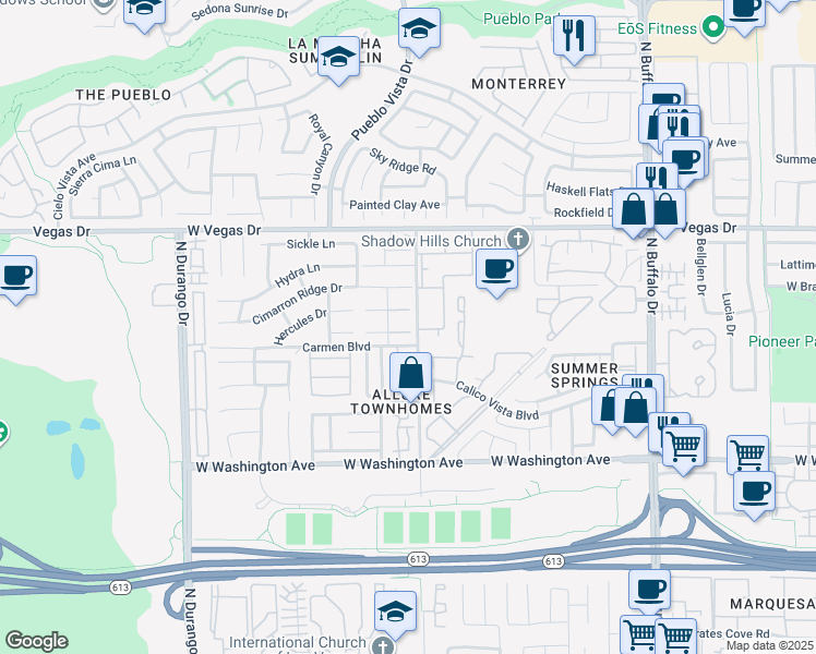 map of restaurants, bars, coffee shops, grocery stores, and more near 132 North Cimarron Road in Las Vegas