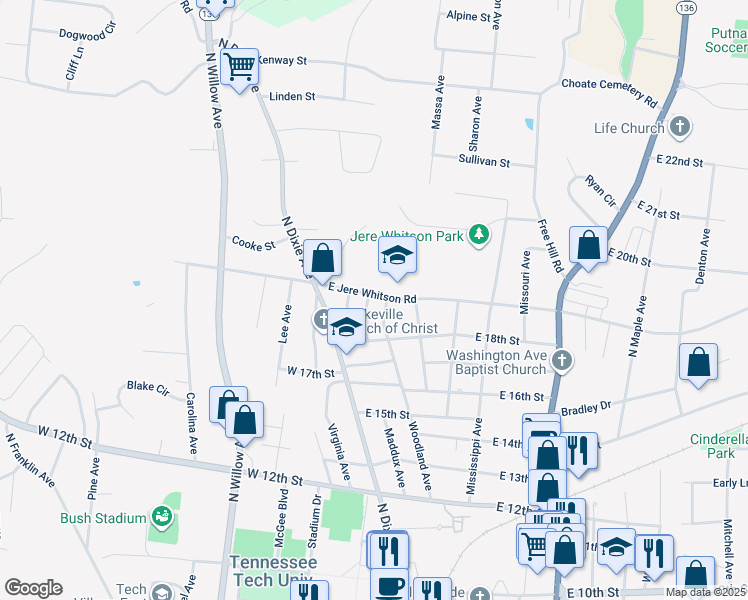 map of restaurants, bars, coffee shops, grocery stores, and more near 180 East Jere Whitson Road in Cookeville