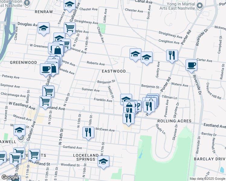 map of restaurants, bars, coffee shops, grocery stores, and more near 227 Chapel Avenue in Nashville