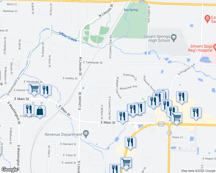 map of restaurants, bars, coffee shops, grocery stores, and more near 1752 Park Drive in Siloam Springs
