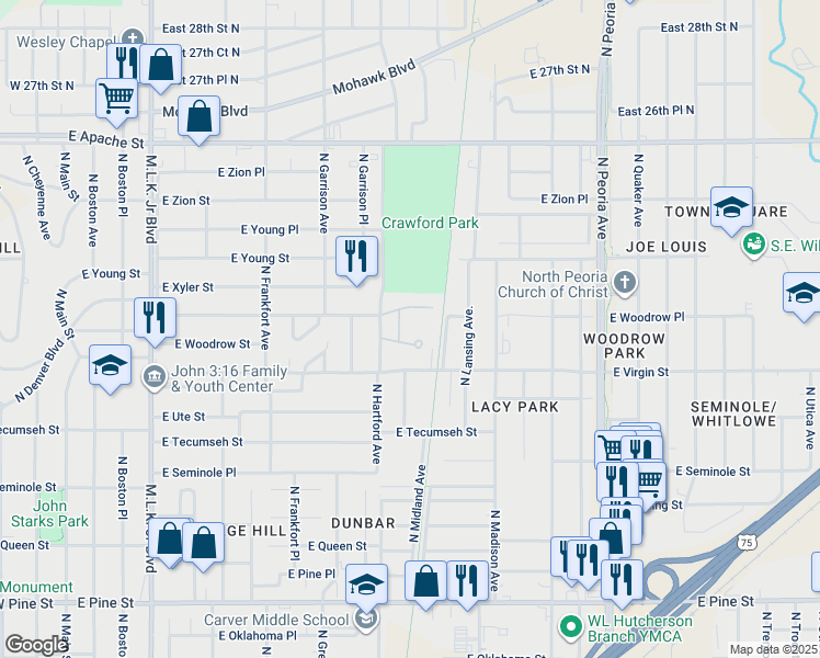 map of restaurants, bars, coffee shops, grocery stores, and more near 2115 North Hartford Avenue in Tulsa