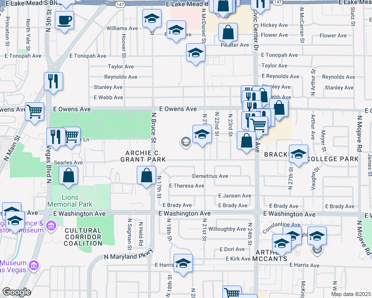 map of restaurants, bars, coffee shops, grocery stores, and more near 1900 East Searles Avenue in Las Vegas