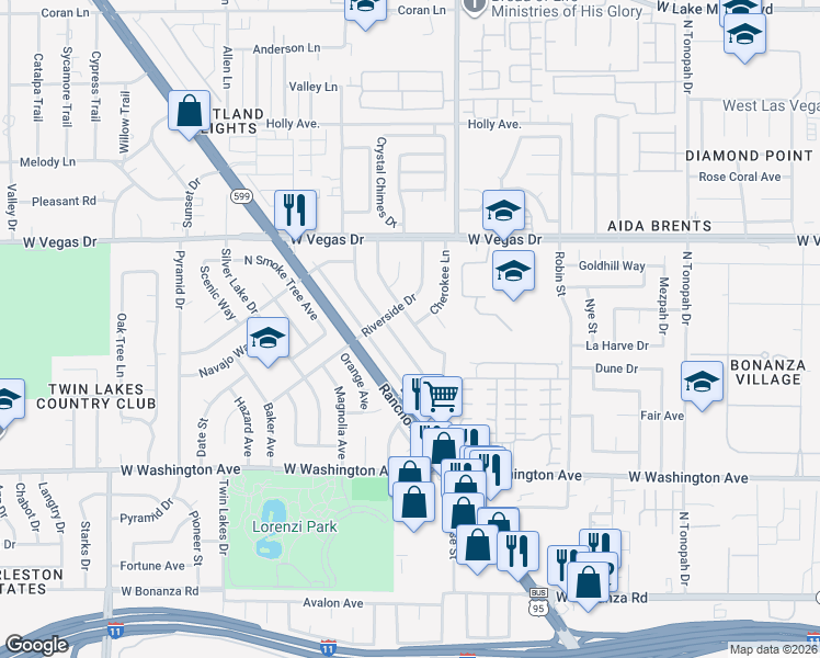 map of restaurants, bars, coffee shops, grocery stores, and more near 1201 Cherokee Lane in Las Vegas