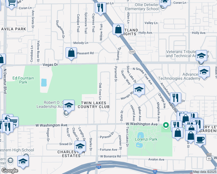 map of restaurants, bars, coffee shops, grocery stores, and more near 3609 Woodglen Court in Las Vegas